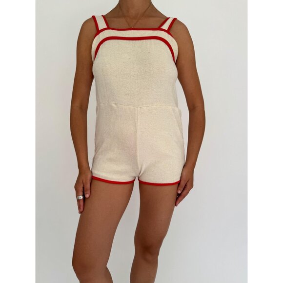 60s 70s vintage red cream ringer terry cloth mini romper shorts playsuit small - Picture 2 of 10